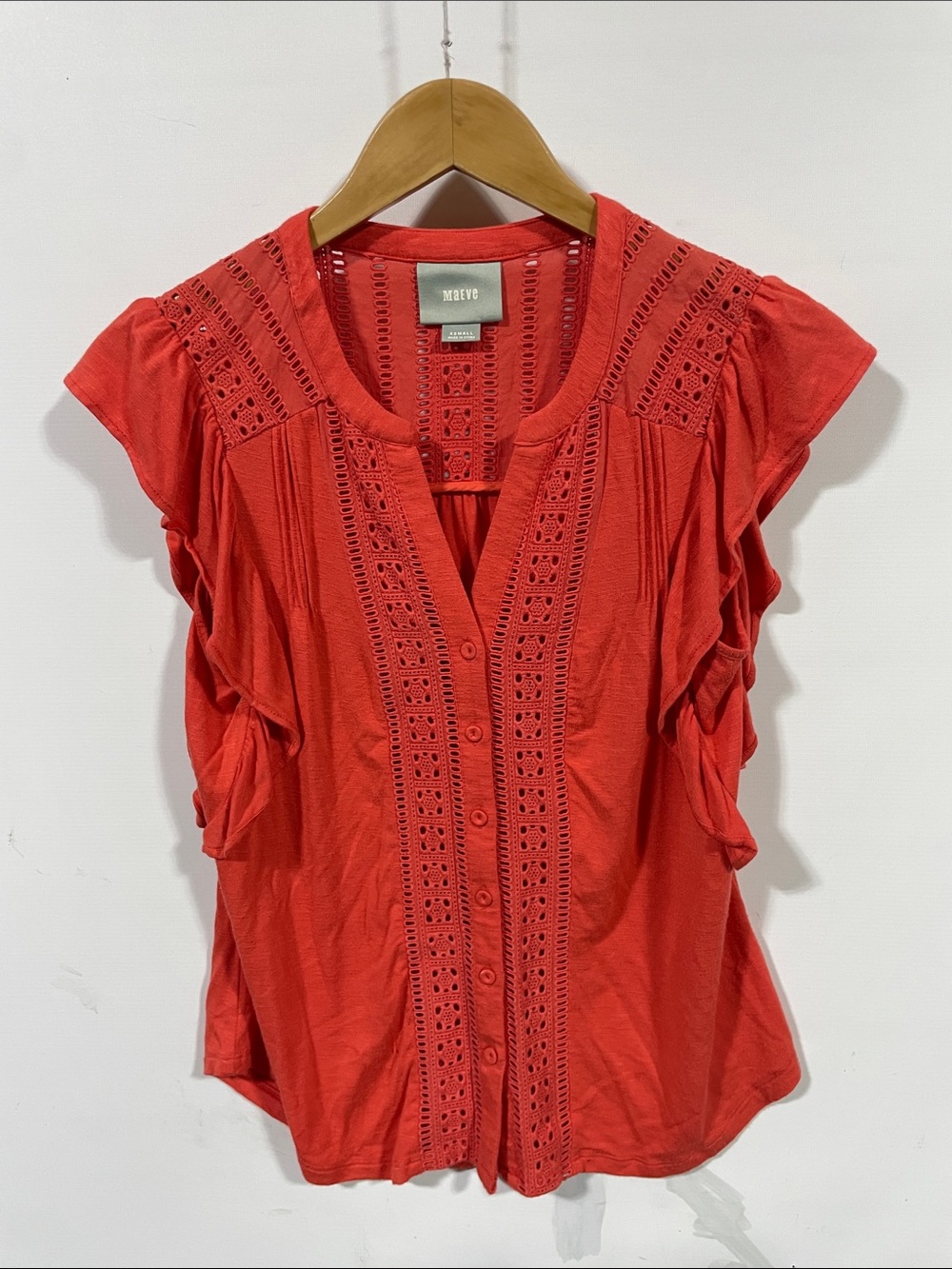 Maeve Coral Eyelet-Trim Button Front Blouse